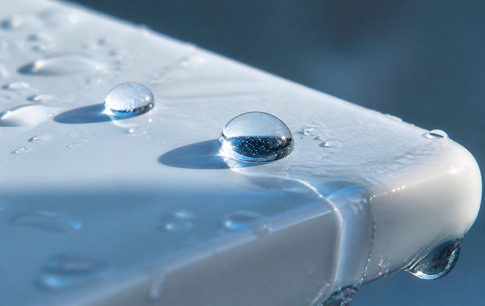 Macrofotografia de gotas de água sobre cerâmica branca